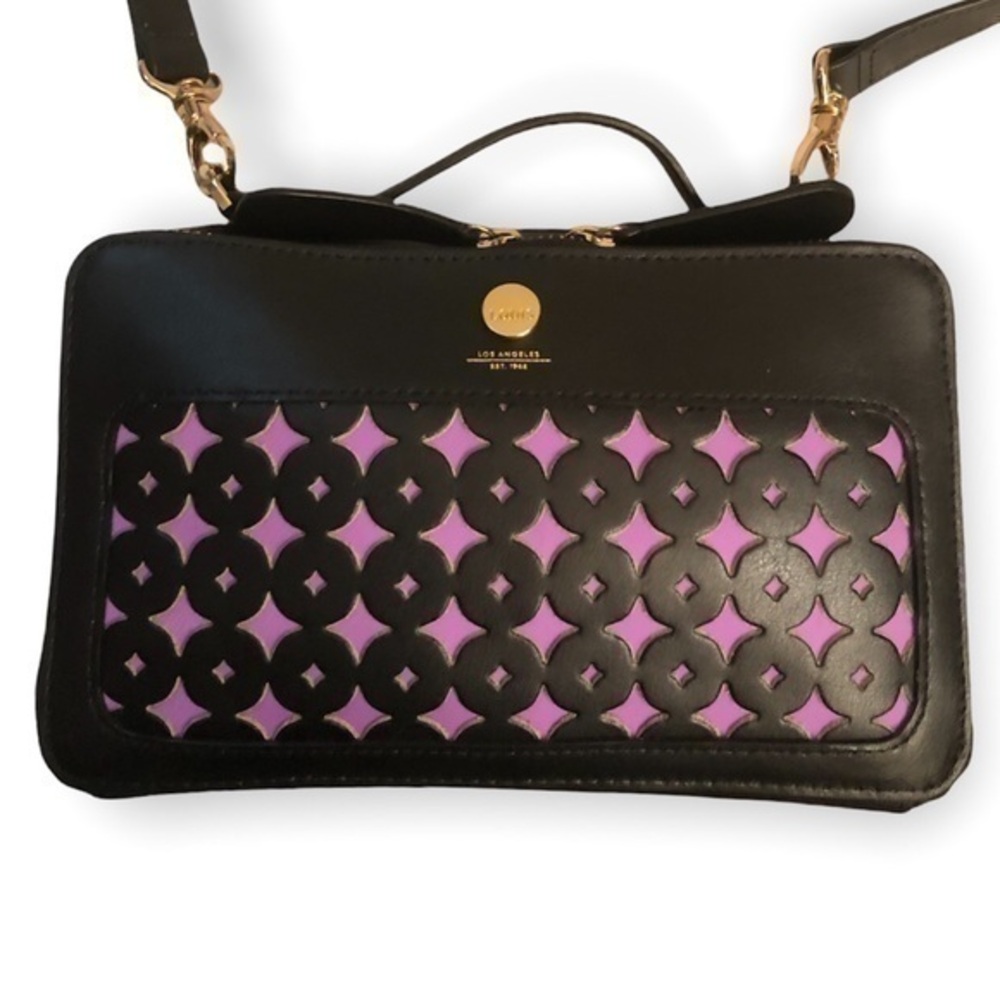 Lodis black and purple laser cutout top handle crossbody bag